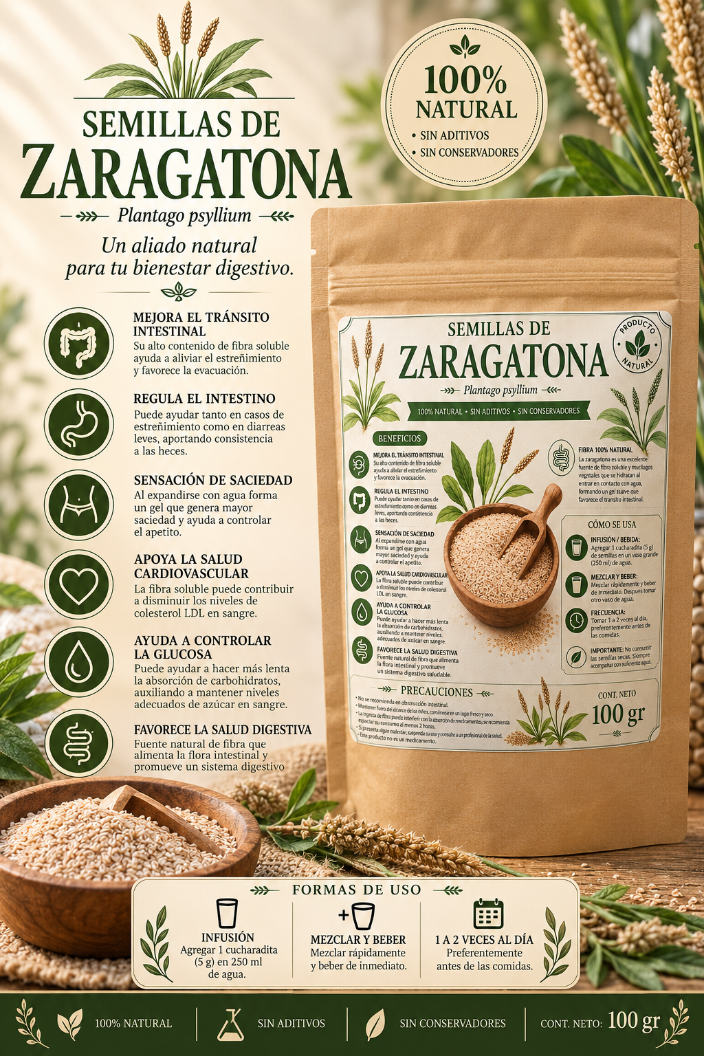 🌿 Semillas de Zaragatona (Plantago psyllium) – 100 g